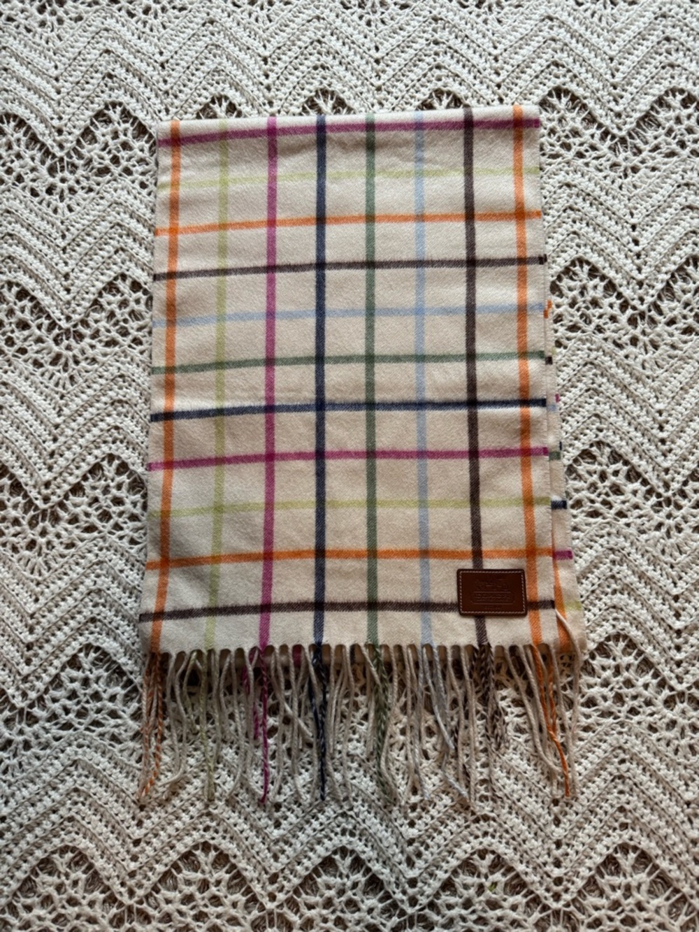 Coach Vintage 100% Cashmere Plaid Tattersall Scarf Ivory Multi-Color Fringed